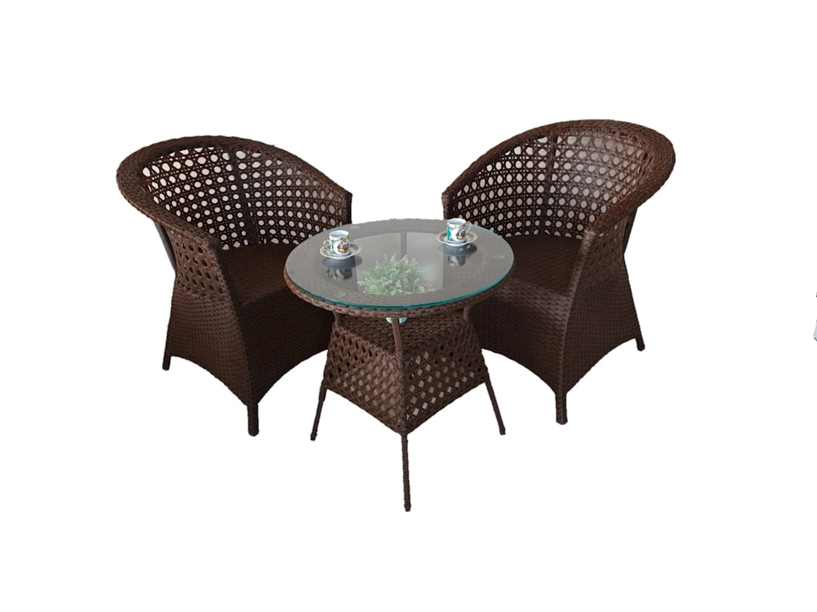 Bağ üçün mebel dəsti Zili Rattan Sofiya, 2 nəfərlik, qəhvəyi; masa ölçüsü: diametr 60 sm, hündürlüyü 60 sm; kreslo ölçüsü: eni 63 sm, hündürlüyü 80 sm