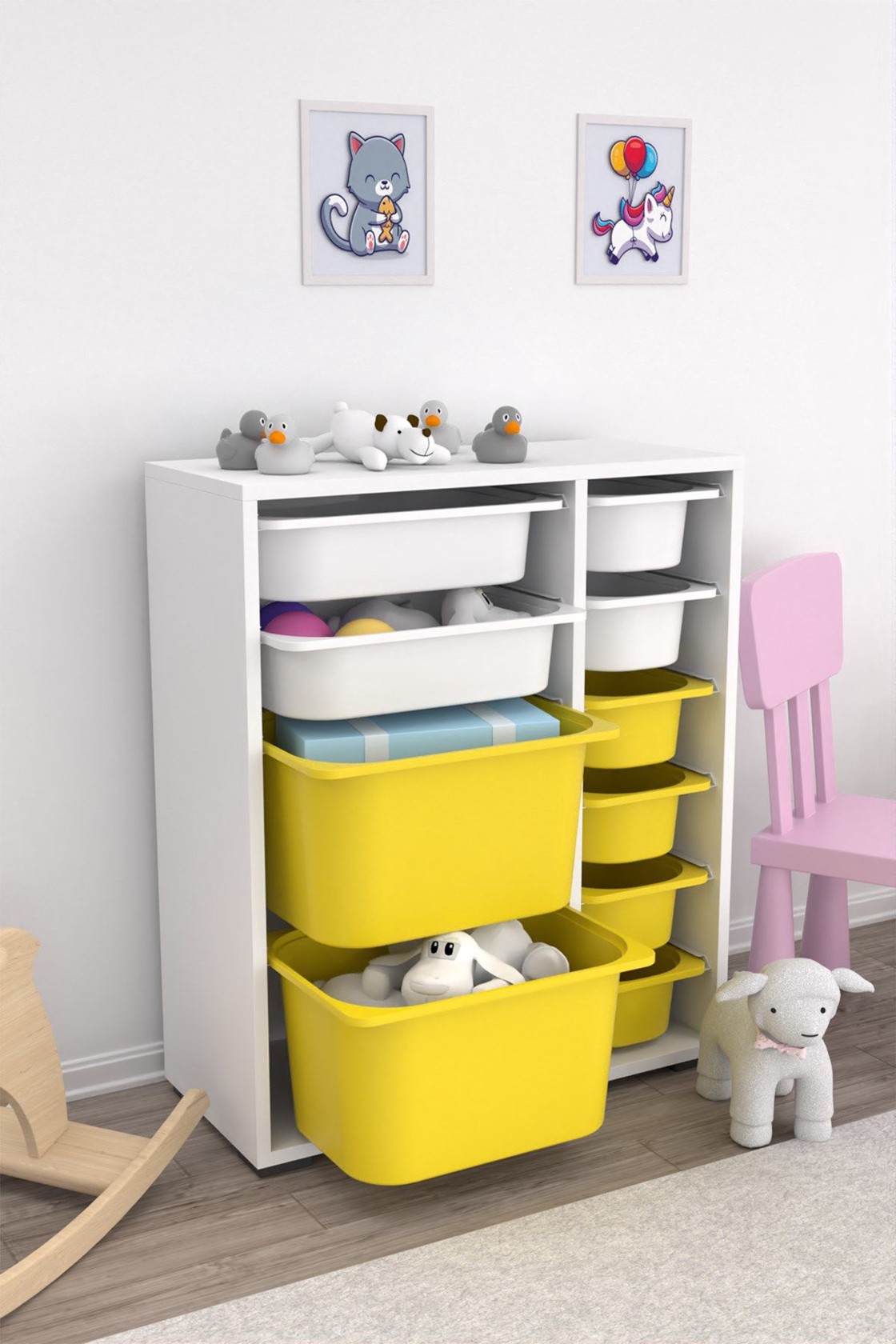 Dəst oyuncaqlar üçün şkaf + saxlama üçün səbətlər 10 əd Pratico I39022, ağ/sarı, 83х69.5х30 sm