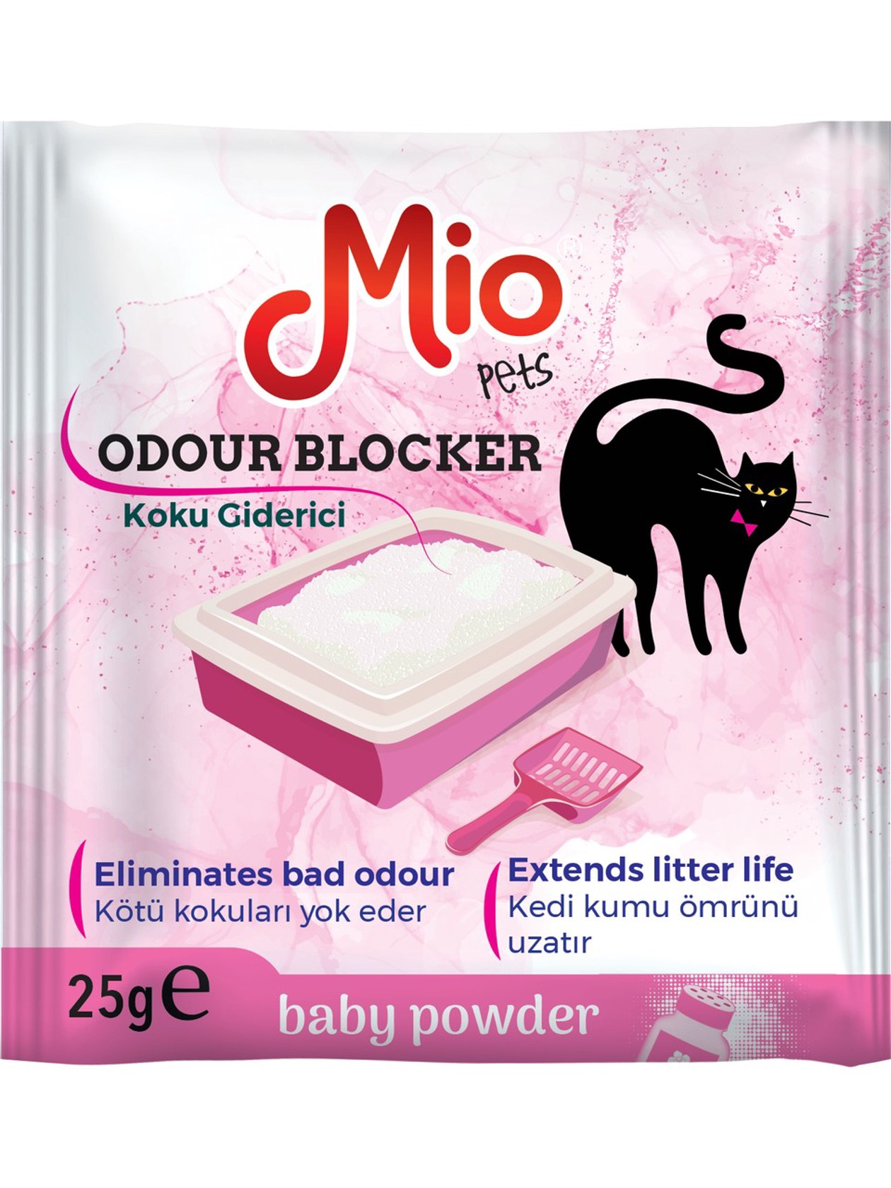 Pişik tualetləri üçün qoxunun aradan qalxması üçün vasitə Mio Baby Powder, 25 q