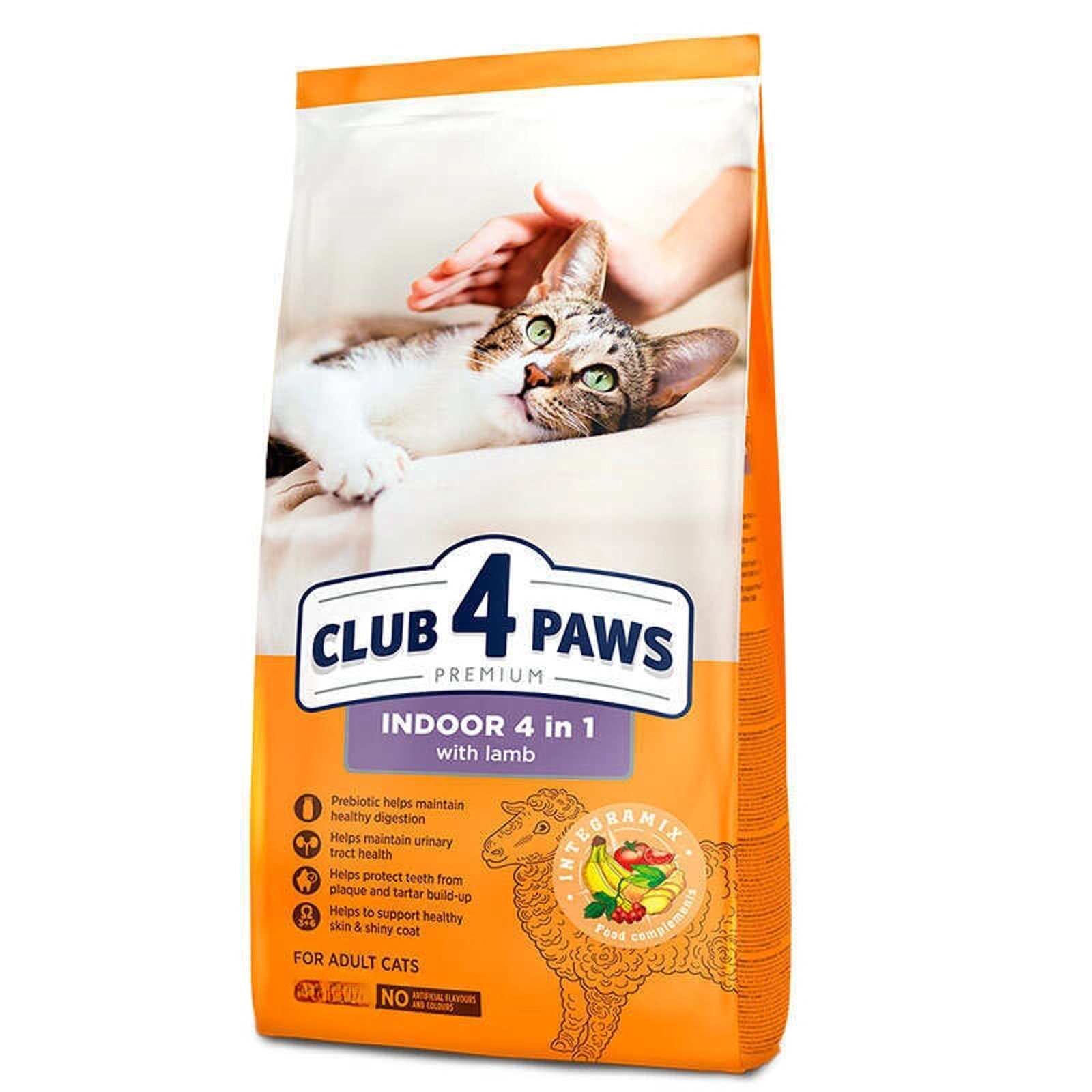 Quru yem Club 4 Paws Premium Indoor 4 in 1 yetkin pişiklər üçün, quzu əti ilə, 1 kq çəki ilə