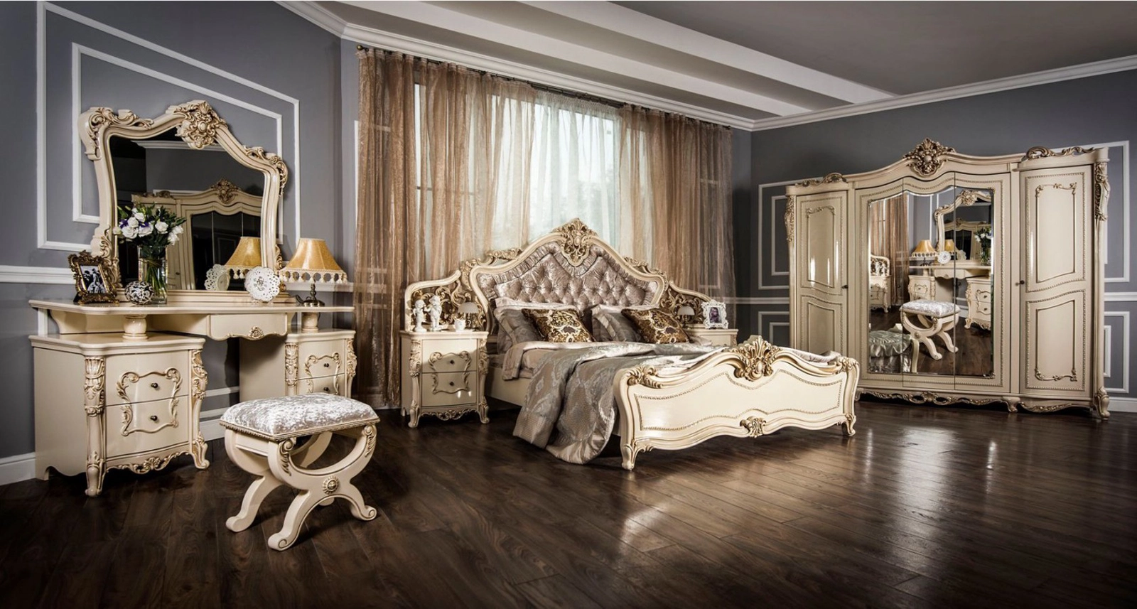 Yataq otağı üçün mebel dəsti Era Mebel Djakonda, krem (şkaf 255x65x240 sm, çarpayı 213x212x170 sm, yataq yanı tumba 58x48x69 sm, komod 170x48x85 sm, güzgü 129х119 sm)