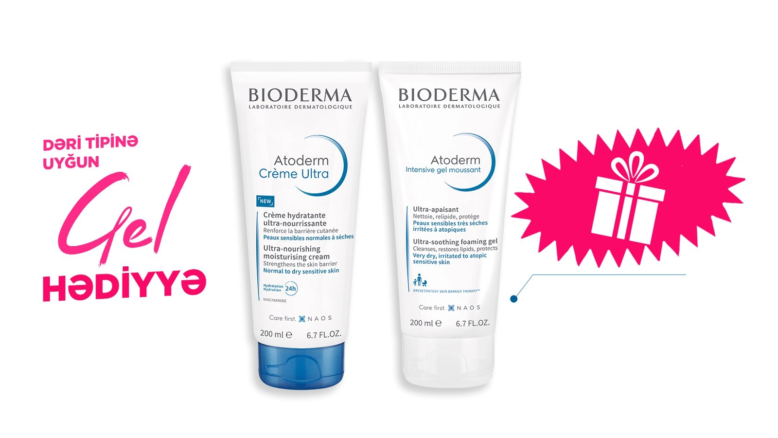 Üz və bədən üçün ultra qidalandırıcı və nəmləndirici krem Bioderma Atoderm Ultra 200 ml + Təmizləyici üz yuma geli Bioderma Atoderm Intensive Gel Moussan 200 ml Hədiyyə