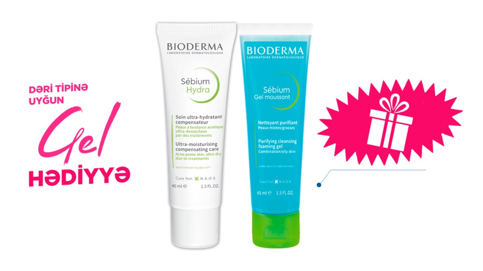 Üz üçün krem Bioderma Sebium Hydra 40 ml + Yuyunma geli Bioderma Sebium Foaming 45 ml Hədiyyə