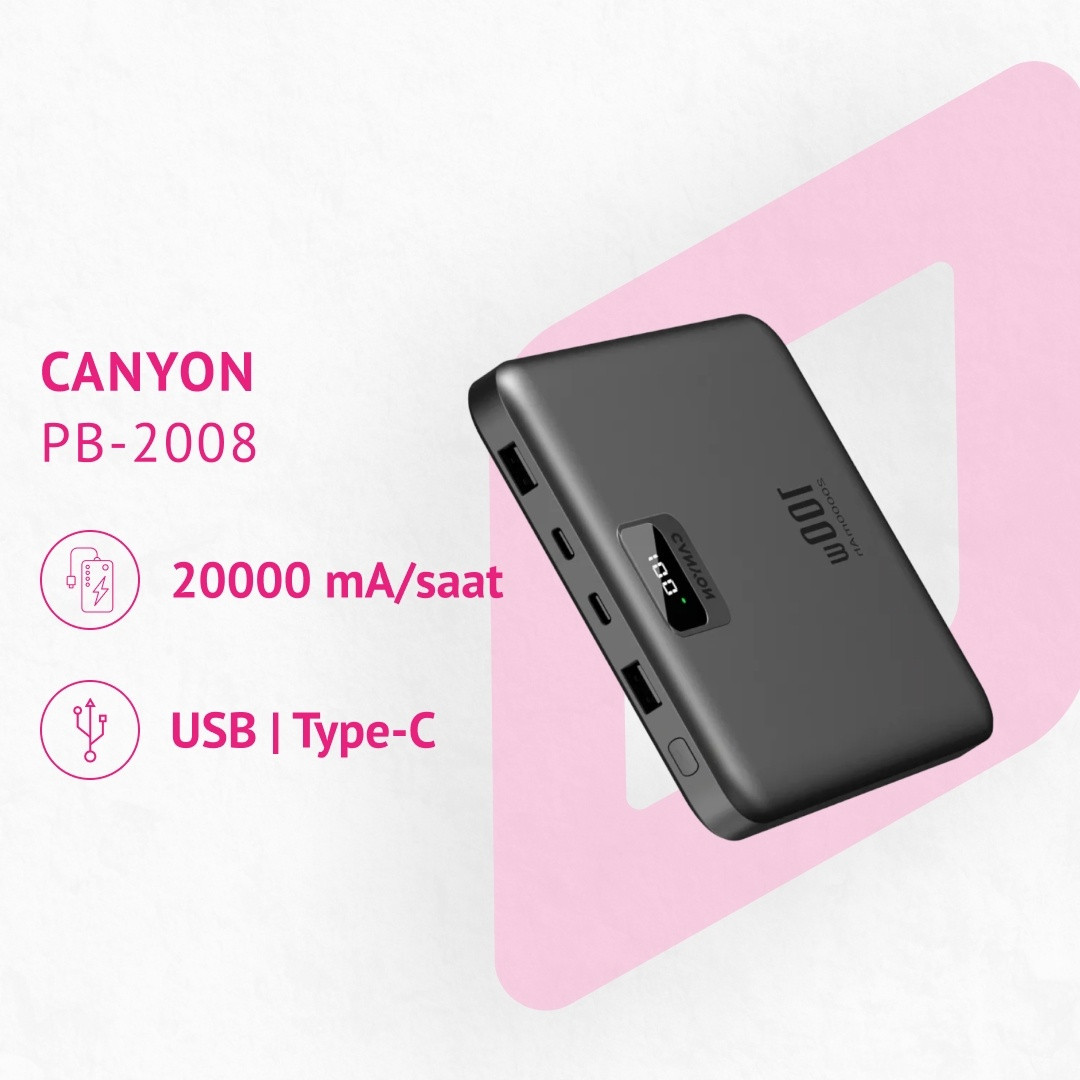 Xarici akkumulyator Canyon PB-2008 20000mAh PD100W Dark Grey (CNE-CPB2008DG)