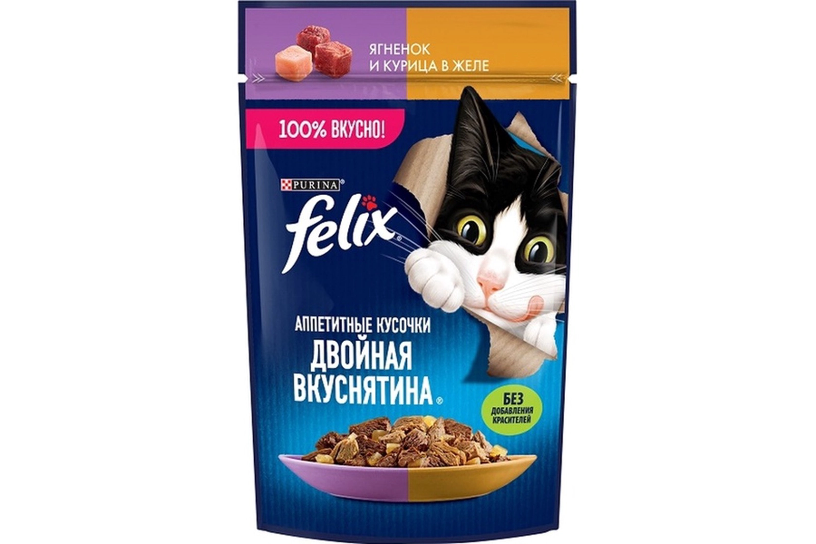Nəm yem pişiklər üçün Felix jeledə qoyun və toyuq əti ilə, 75 q
