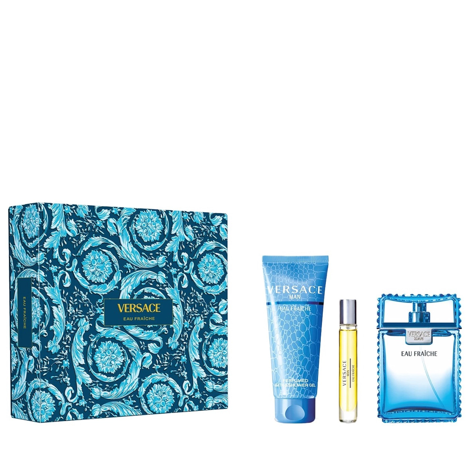 Versace Eau Fraiche kişilər üçün ətir dəsti (tualet suyu 10 ml + tualet suyu 100 ml + duş geli 150 ml)