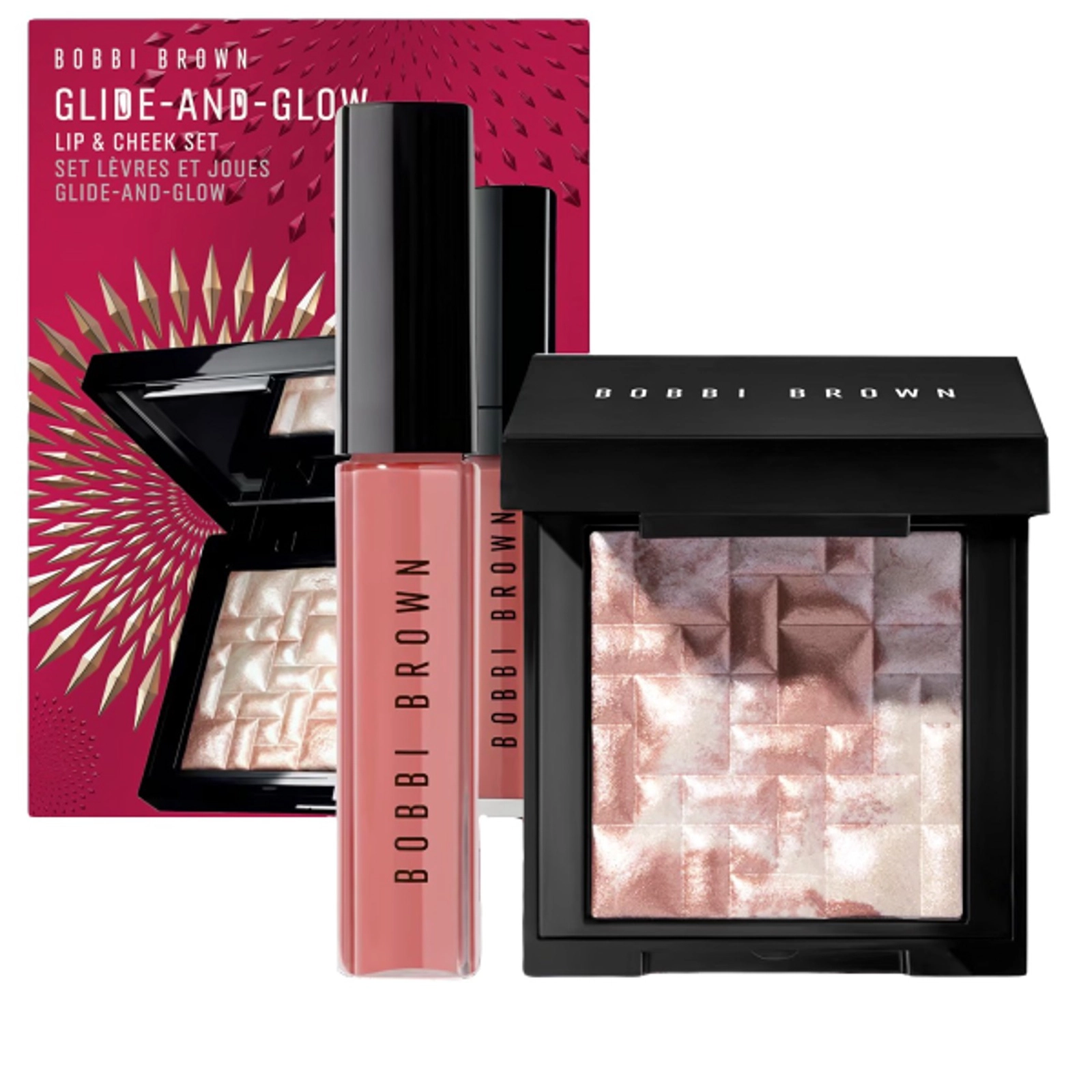 Dekorativ kosmetika dəsti Bobbi Brown Glide-and-Glow (dodaq parıldadıcısı Crushed Oil-infused Gloss with Free Spirit 6 ml + Xaylayter Powder in Pink Glow 3 q)