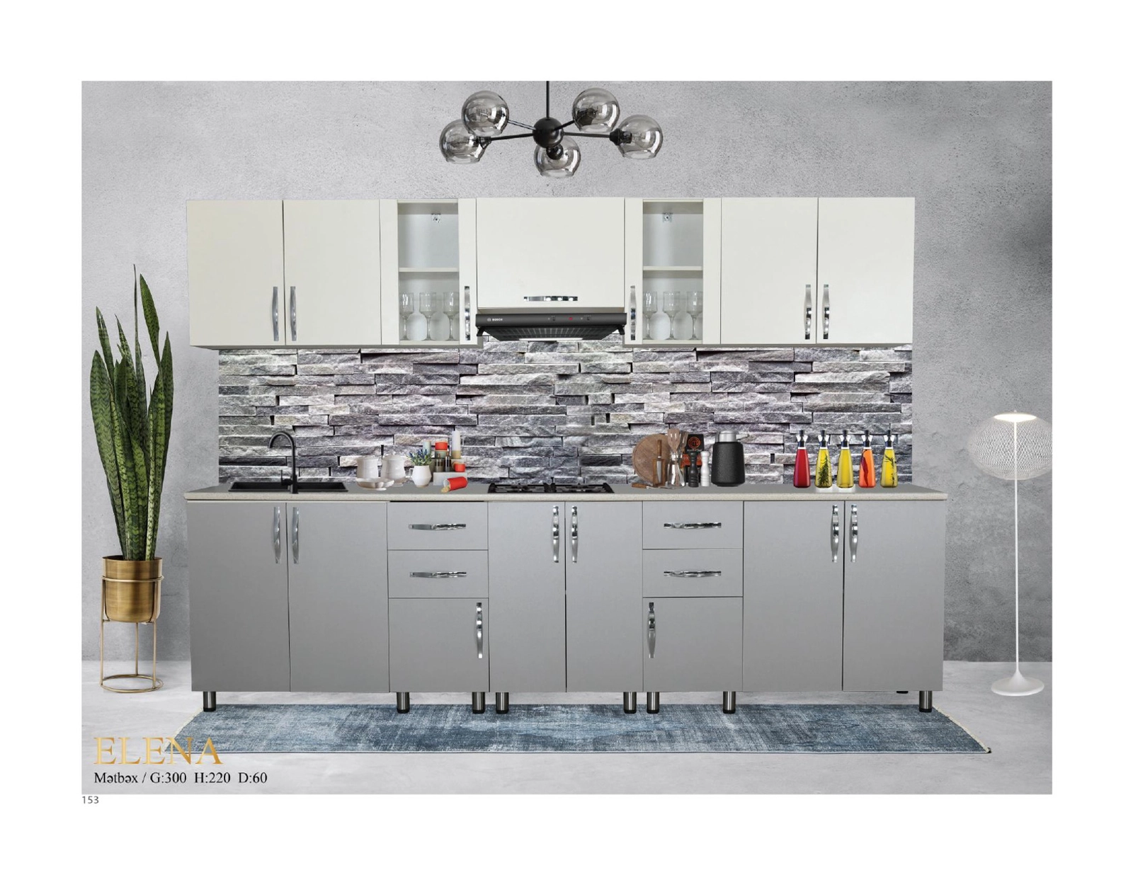 Mətbəx dəsti Elena, 300x220x60 sm, laminat, ağ-boz
