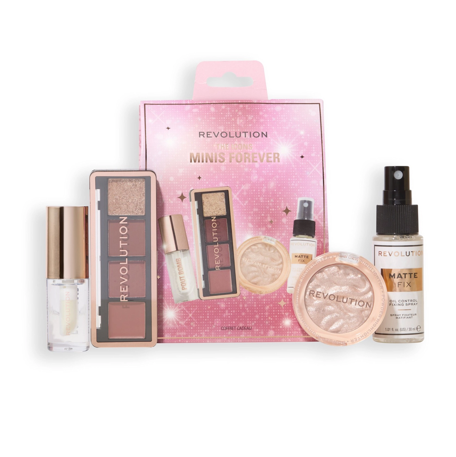 Dekorativ kosmetika dəsti Revolution Icon Minis Forever Set (mini-sprey fiksator + mini-dodaq parıltısı Pout Bomb Glaze Clear + mini-palet Icon + xaylayter Reloaded)
