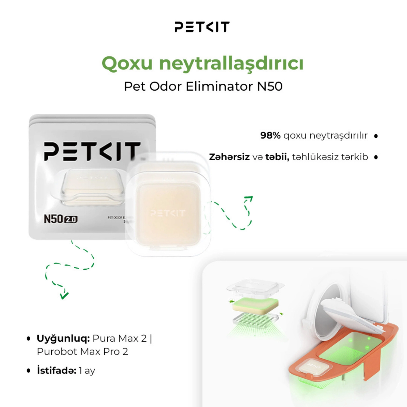 Pişik lotok qoxu uducu Petkit Pet Odor Eliminator N50 2.0 (P9223) Puramax 2 üçün