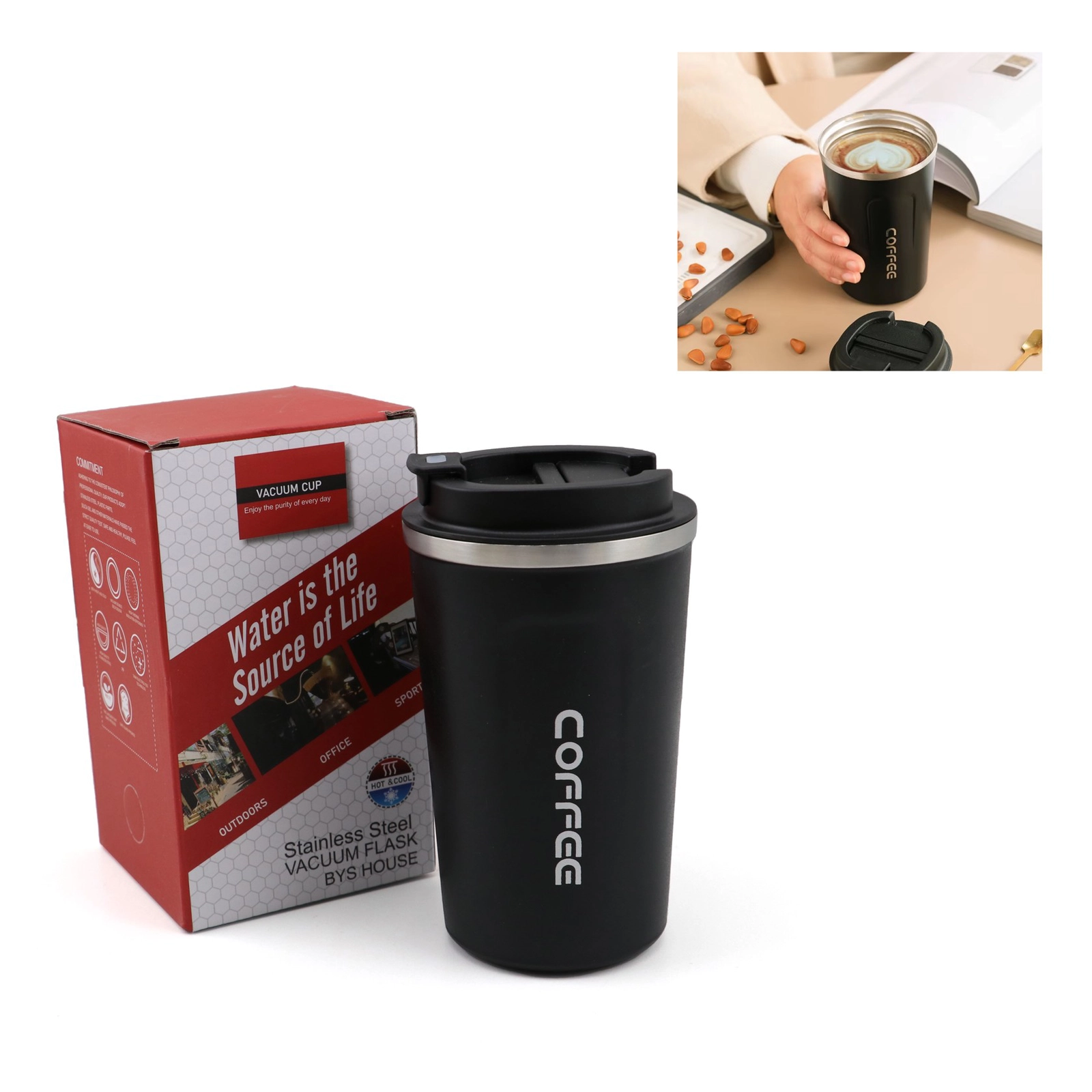 Krujka qəhvə üçün, paslanmayan polad/plastik, qara, 300 ml