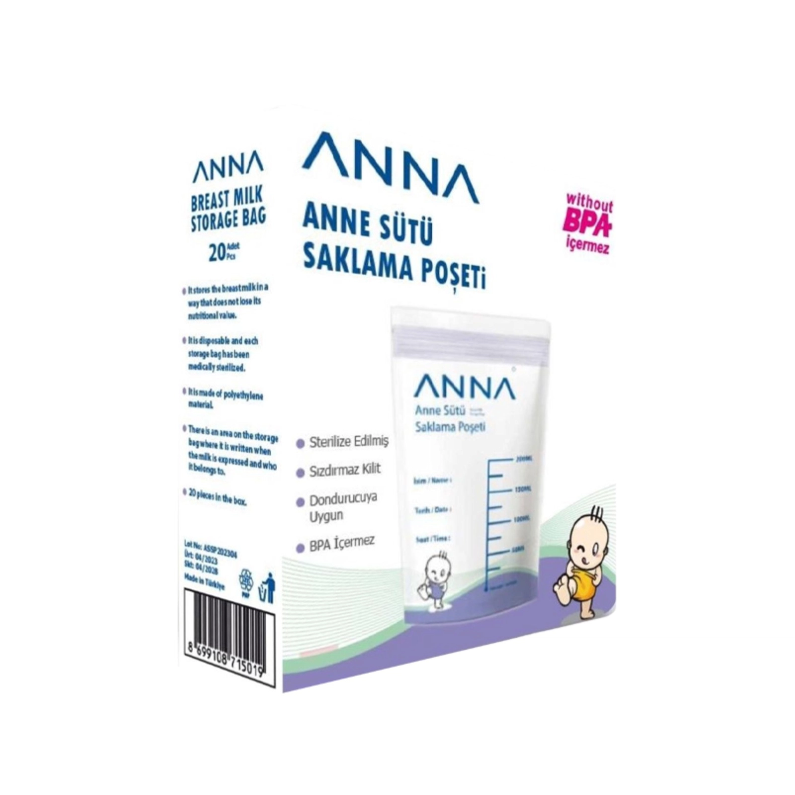 Ana südü saxlama paketləri ANNA, 180 ml, 20 ədəd