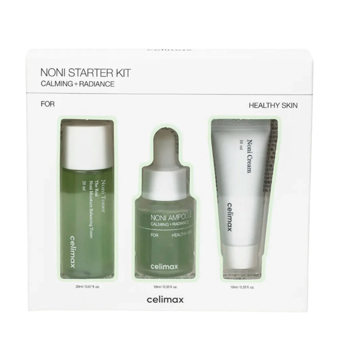 Üz dərisinə qulluq üçün dəst Celimax The Real Noni Starter Kit (tonik True Noni Balancing 10 ml + zərdab True Noni Energy 10 ml + krem True Noni Repair 20 ml)