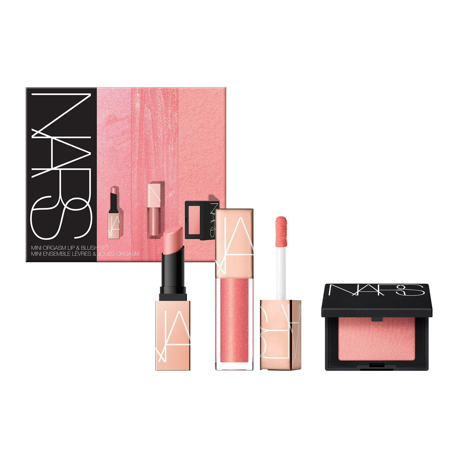 Kosmetika dəsti Nars Mini Orgasm Lip Blush Set (Dodaq boyası Afterglow Sensual Shine 0.8 q + Dodaq parıldadıcısı Afterglow 3.7 ml + Ənlik Orgasm 2.5 q)