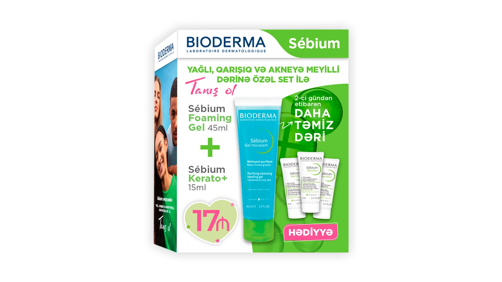 Problemli və akneyə meyilli dəri üçün dəst Bioderma (Təmizləyici gel 45 ml + nəmləndirici gel-krem 15 ml)