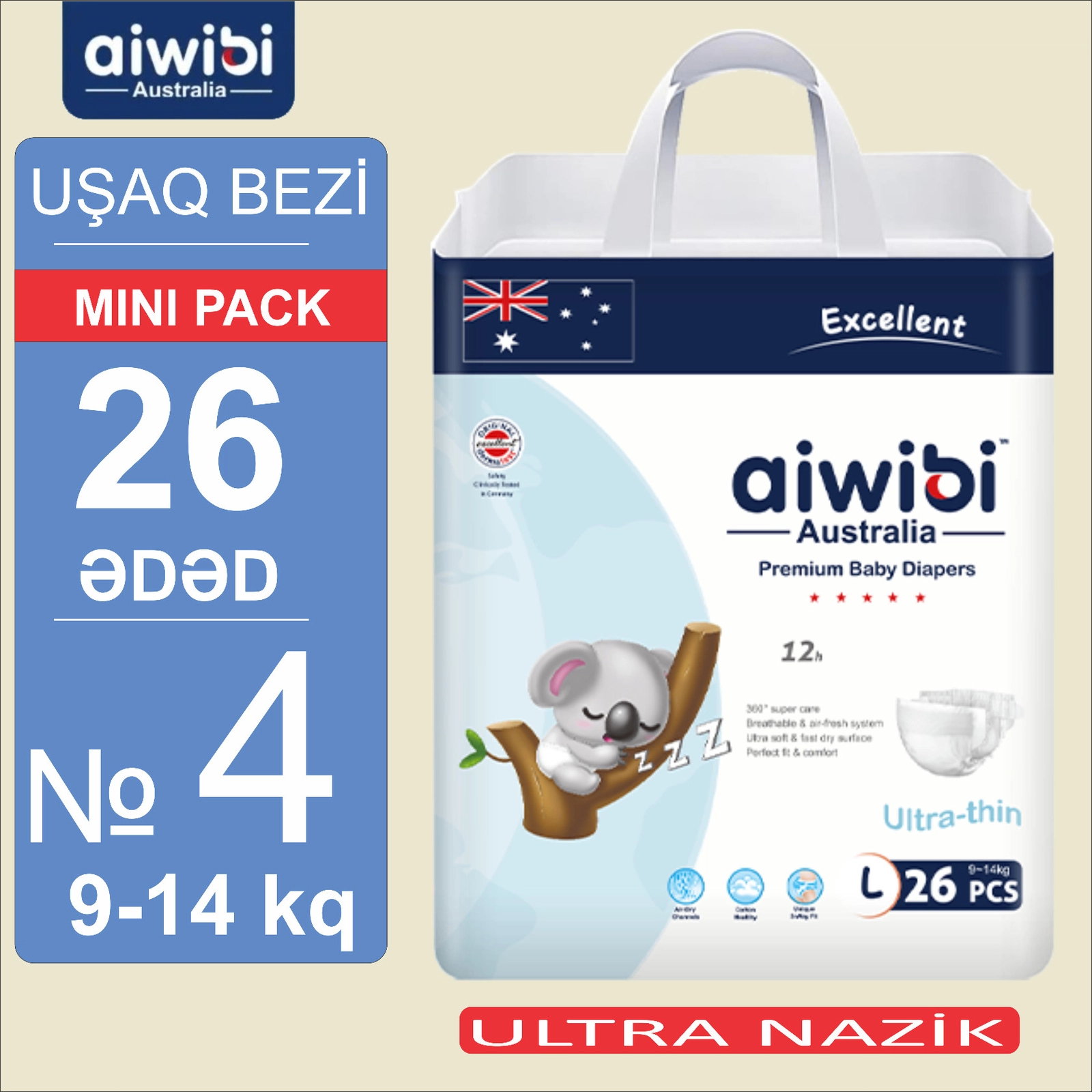 Uşaq bezləri AIWIBI Premium L, 9-14 kq, 26 əd