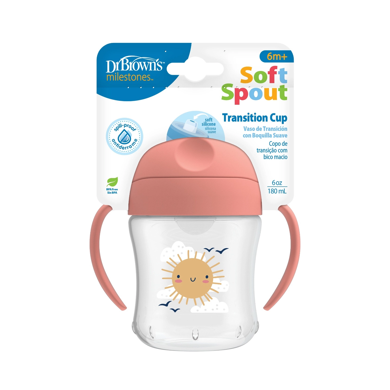 Yumşaq ucluq fincan Dr.Brown's Soft Spout, çəhrayı, 180 ml, 6+ ay