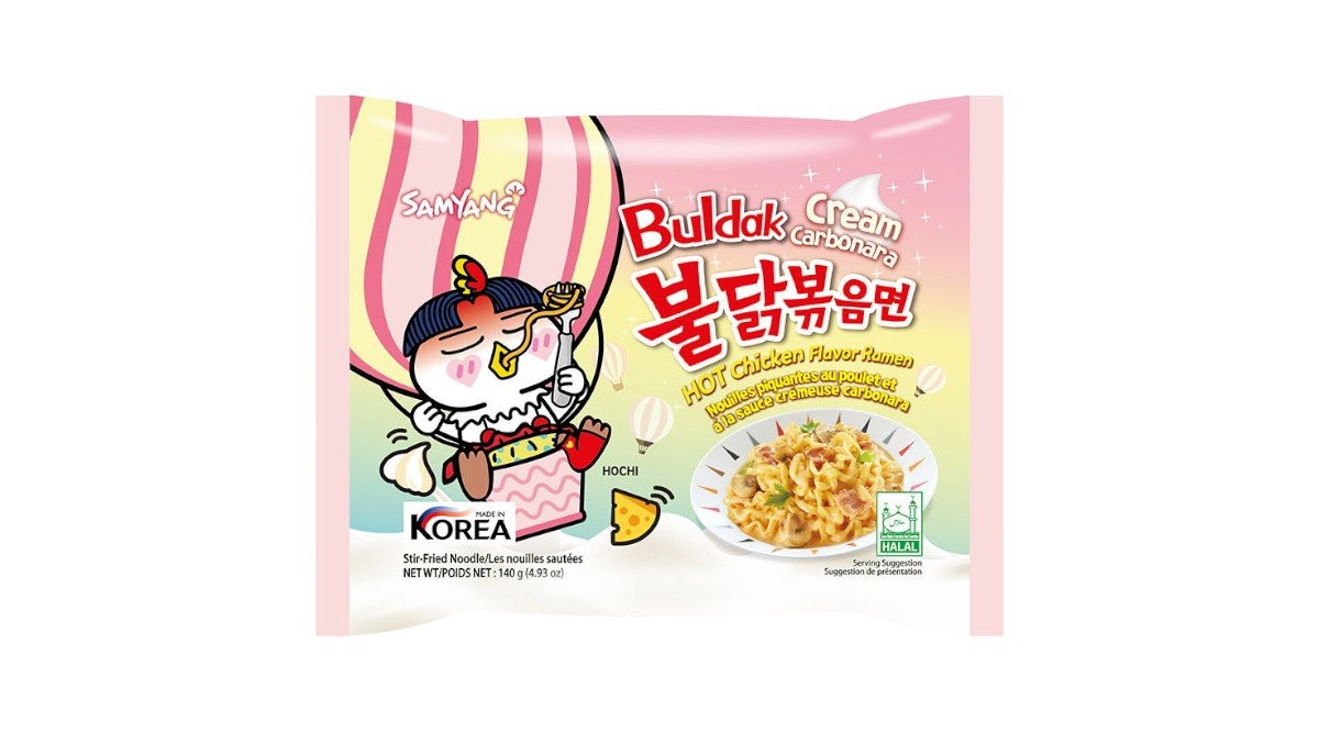 Əriştə Samyang toyuq və krem Karbonara pendirli dadı ilə, acılı sousda, 140 q