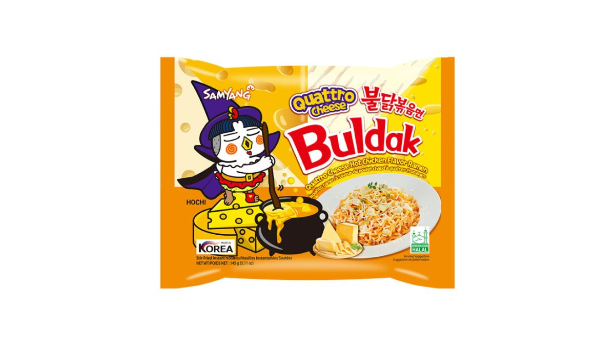 Əriştə Samyang Buldak 4 pendir sousunda, acılı toyuq dadı ilə, 145 q