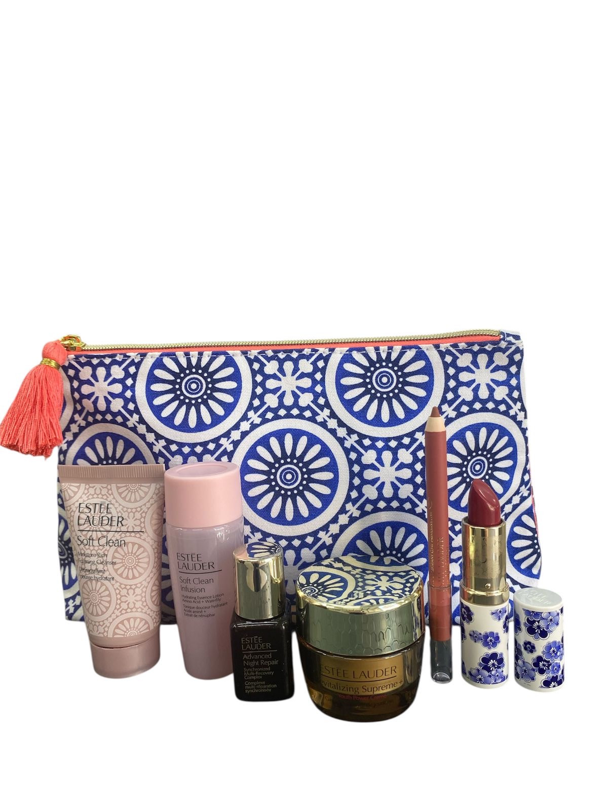 Üz qulluğu üçün kosmetika dəsti Estee Lauder (yuyunma üçün köpük 30 ml + üz üçün tonik 30 ml + gecə serumu 7 ml + üz üçün krem 15 ml + dodaq üçün karandaş 1.2 q + pomada 3.5 q + kosmetik çanta 20×12 s