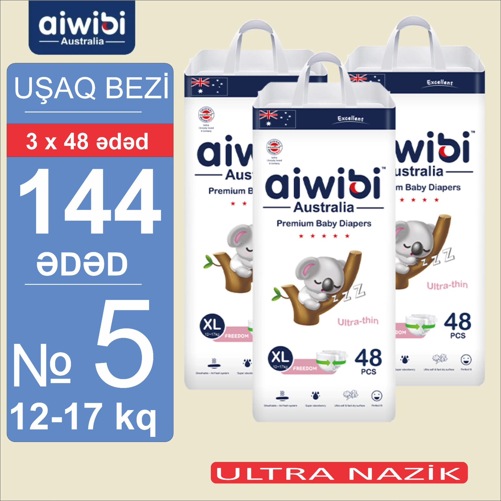 Uşaq bezləri AIWIBI Premium XL, 12-17 kq, 144 əd