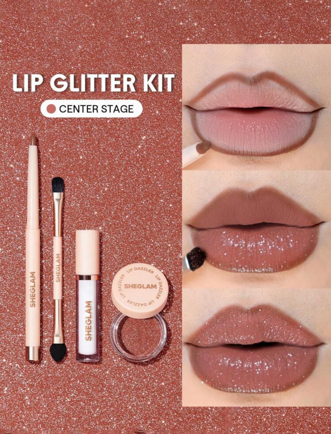 Kosmetika dəsti SHEGLAM Lip Dazzler Glitter Kit-Center Stage Long-Lasting Glitter Lip Gloss