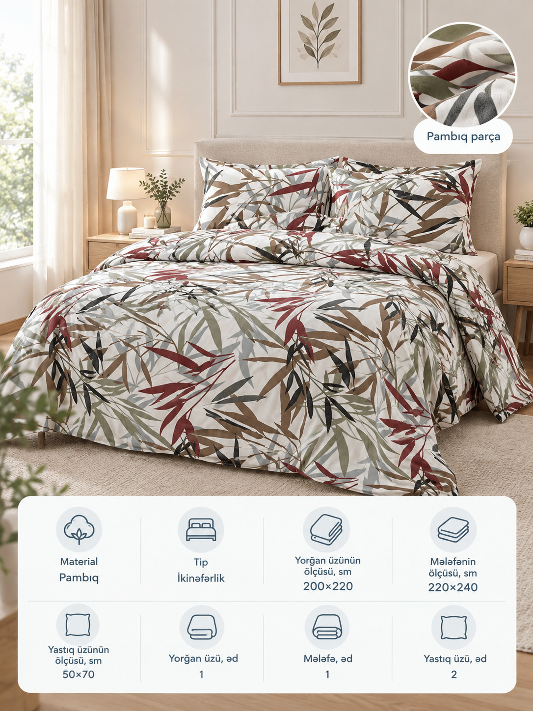 Yataq dəsti SHA-00008039 yorğan üzü 200x220 sm, mələfə 220x240 sm, yastıq üzləri 2 əd x 50x70 sm