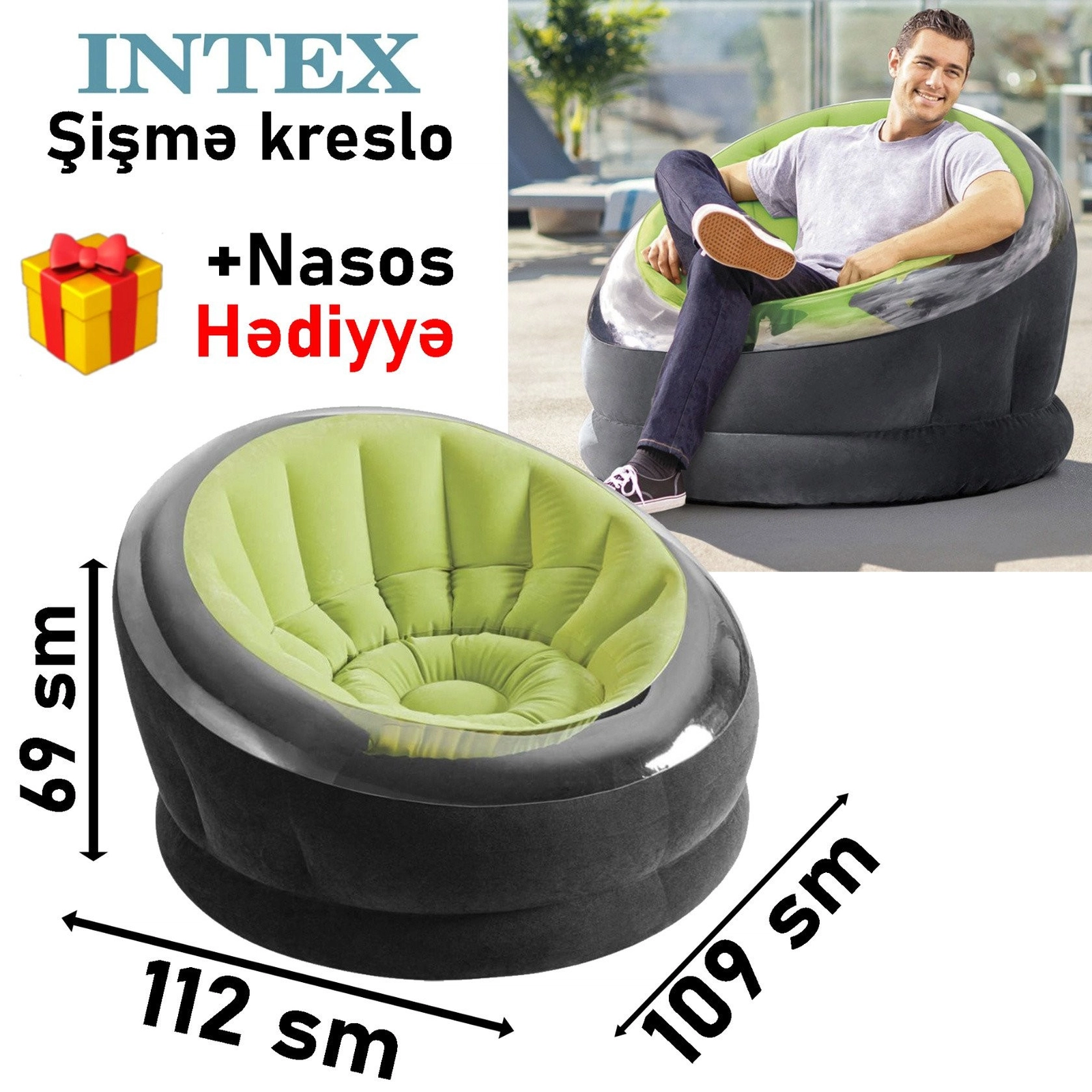 Şişmə kreslo Intex TX68581N yaşıl/qara 112x109x69 sm nasoslu (ABŞ) - TX68581N