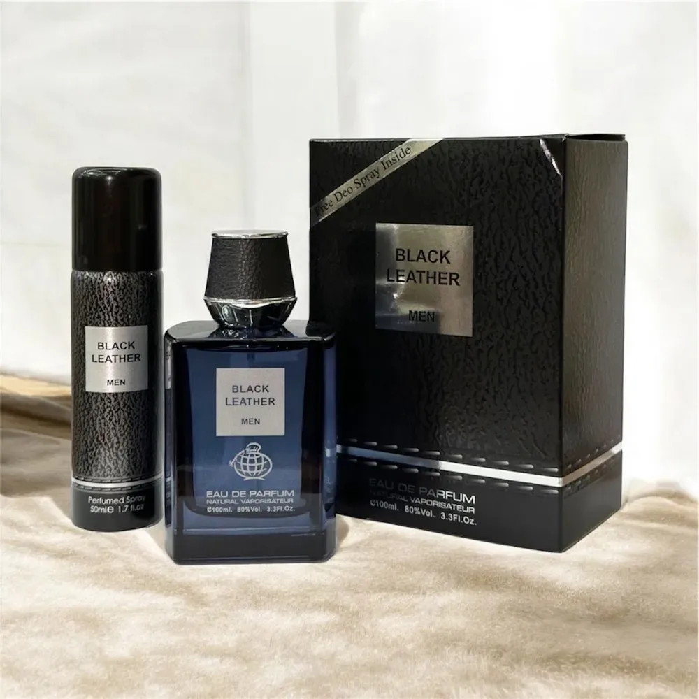 Fragrance World Black Leather ətir dəsti (ətir suyu 100 ml + dezodorant 50 ml)