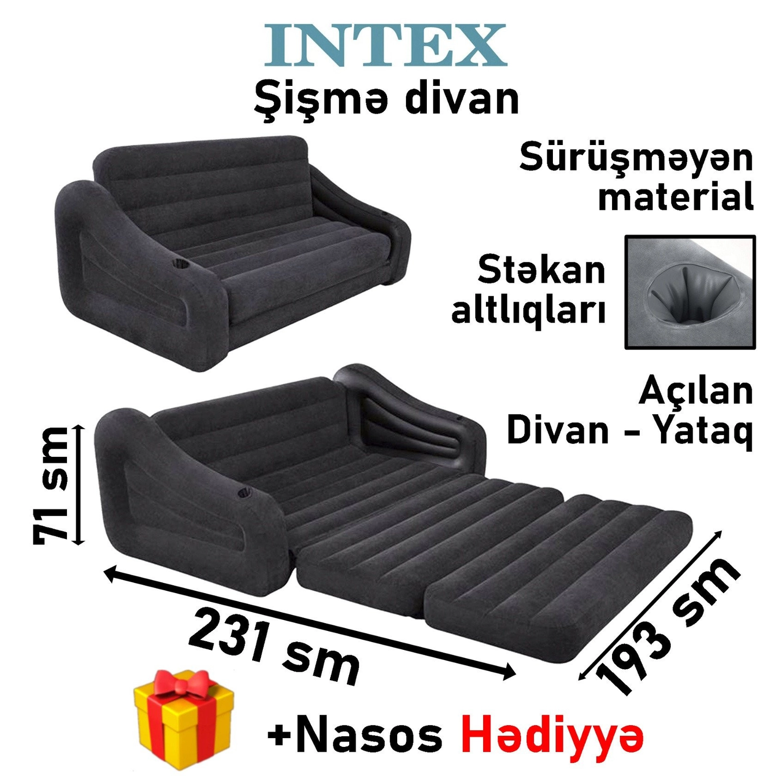Şişmə divan Intex, nasos, tünd boz, 231x193x71 sm, 200 kq
