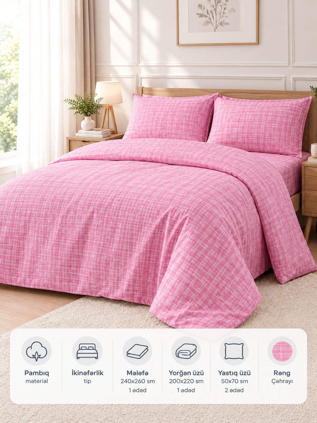 Yataq dəsti Pima Cotton mələfə 240x260 sm, yastıq üzü 50x70, 2 əd., pambıq, çəhrayı