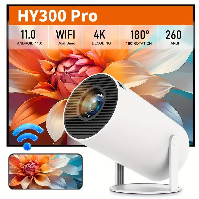 Proyektor HY300PRO Mini Portativ 4K və 1080P Dekodlama, 180° Dönmə, İkili Band, Wi-Fi 6 dəstəyi, 3000+ Lümen Parlaqlıq - miks1057