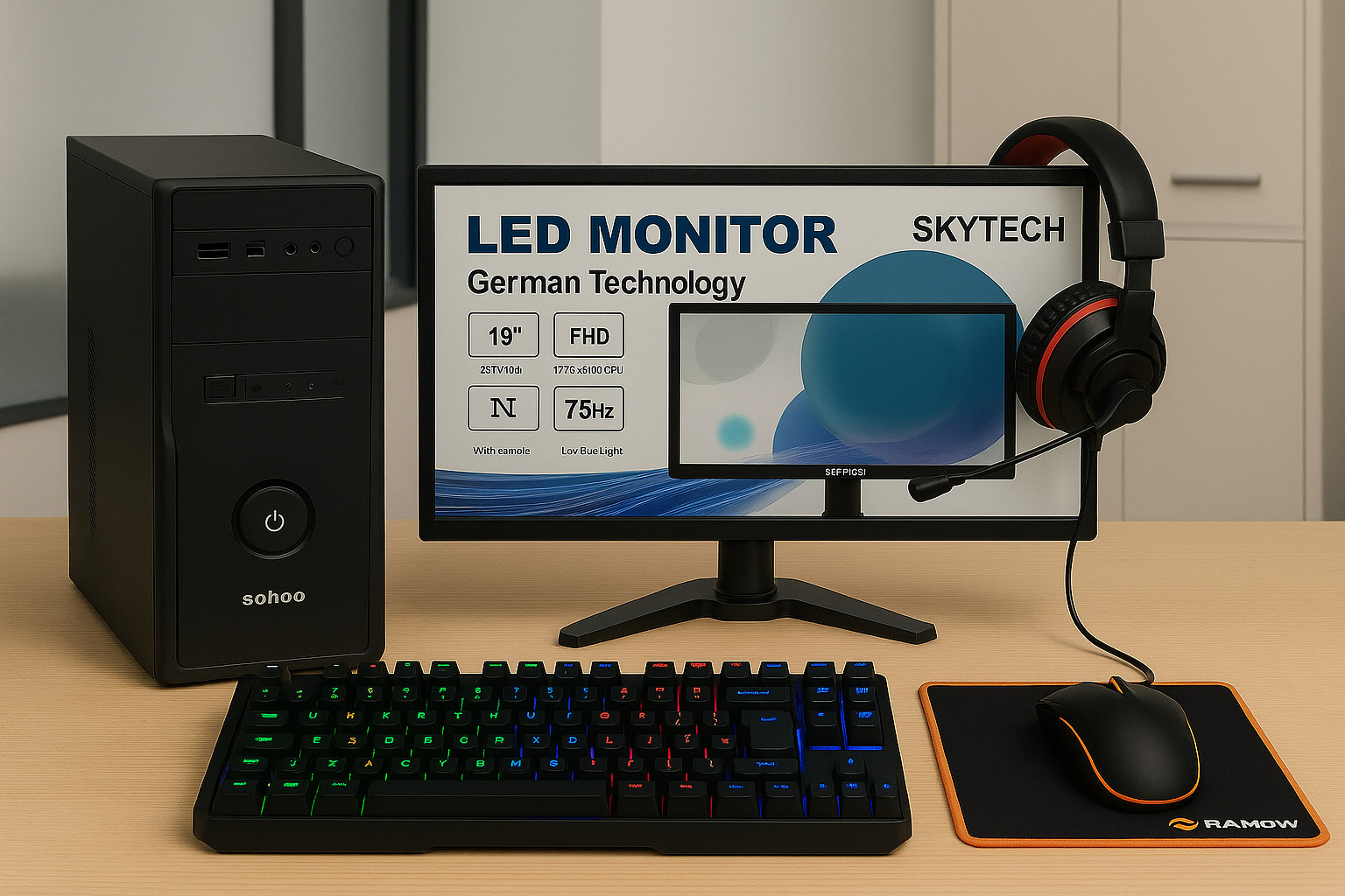 Masaüstü kompyuter Intel i3-3220 16GB RAM NVMe 256GB SSD + 500GB HDD 19 Skytech Monitor C500 RGB Mouse/Keyboard/Headphones/Mouse pad