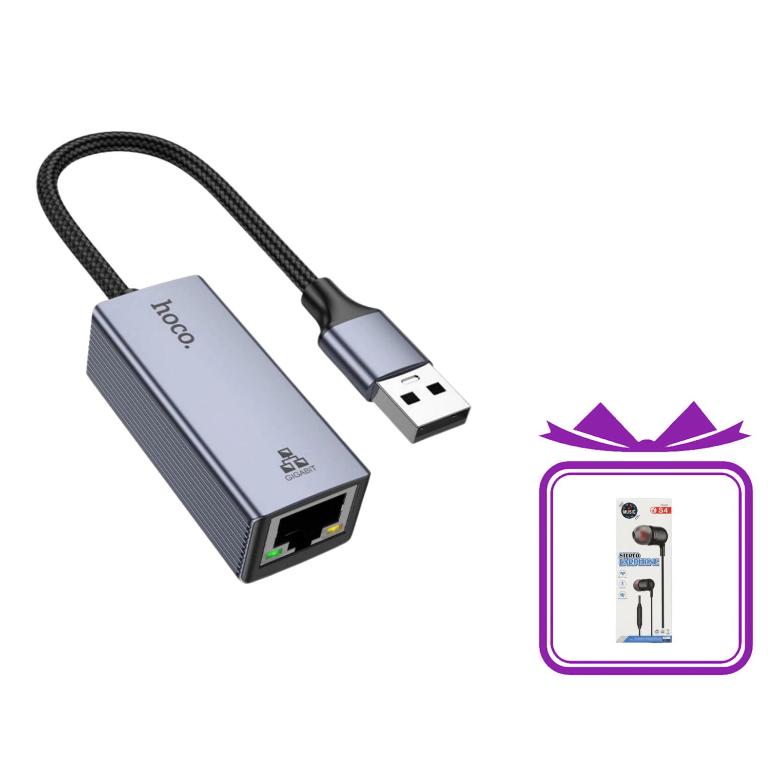 Ethernet adapteri Hoco UA37 1000 Mbps USB-A - RJ45 və hədiyyə qulaqcıq
