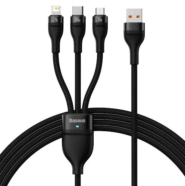 Baseus Flash Series 3-ü 1-də Fast Charging Data Cable USB to MLC 66W 1.2m Qara kabel
