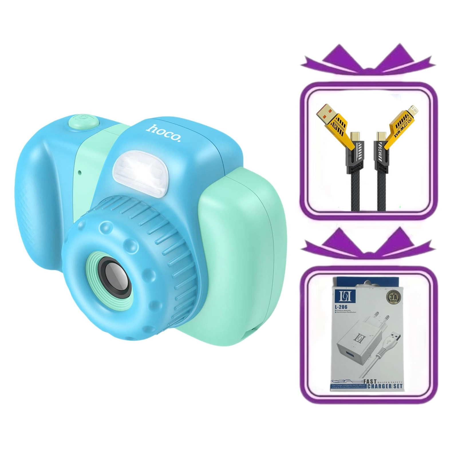 Hoco dv201 blue LoL L-207 65W PD 4IN1 charging cable LoL L-206 3A Fast Charger Adapter basliqi