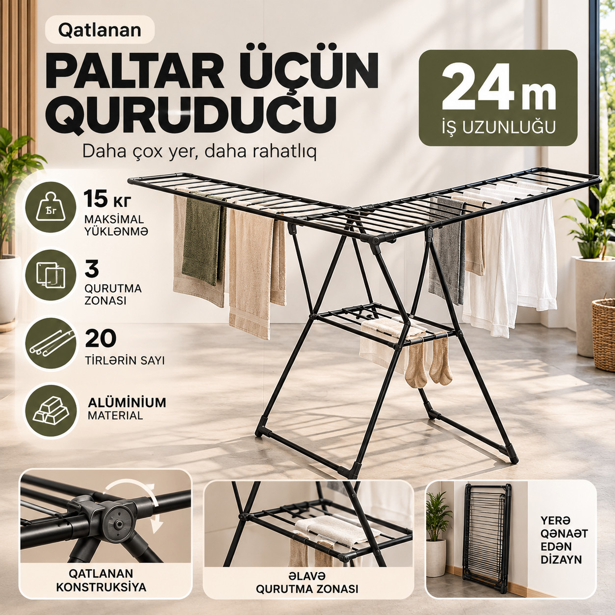 Paltar üçün quruducu OM8015, qara, qatlanan, alüminum