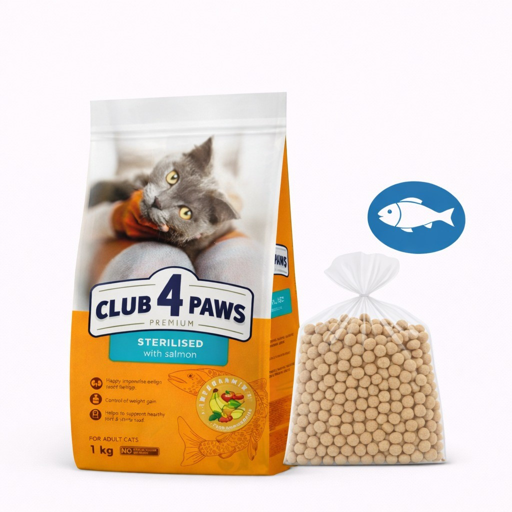 Quru yem Club 4 Paws Premium Sterilised sterilizə olunmuş pişiklər üçün, qızılbalıqlı, 1 kq çəki ilə