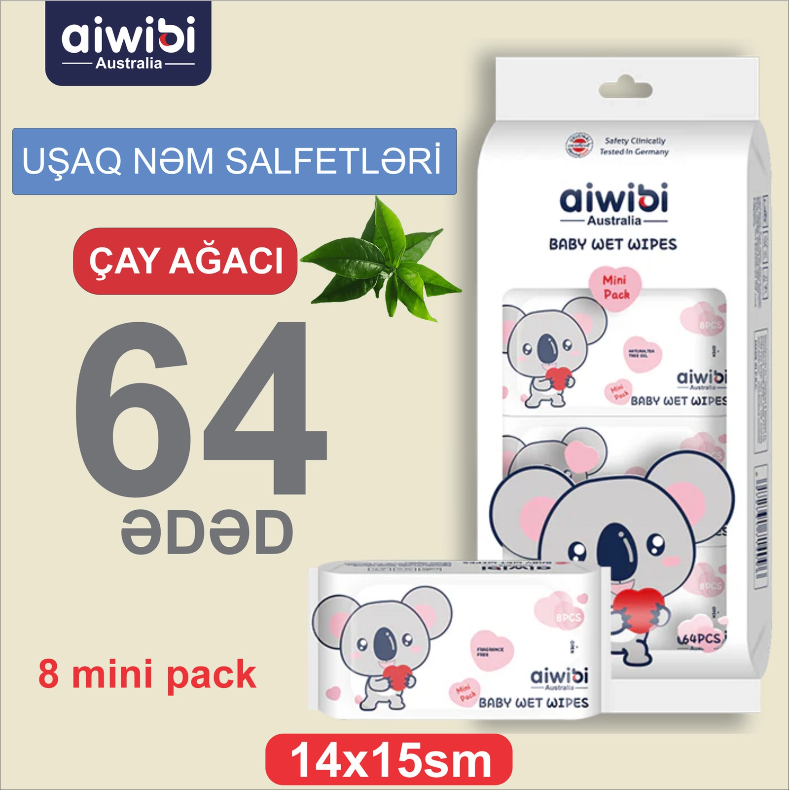 Nəm salfetlər uşaq üçün Aiwibi, Tea Tree, 64 əd
