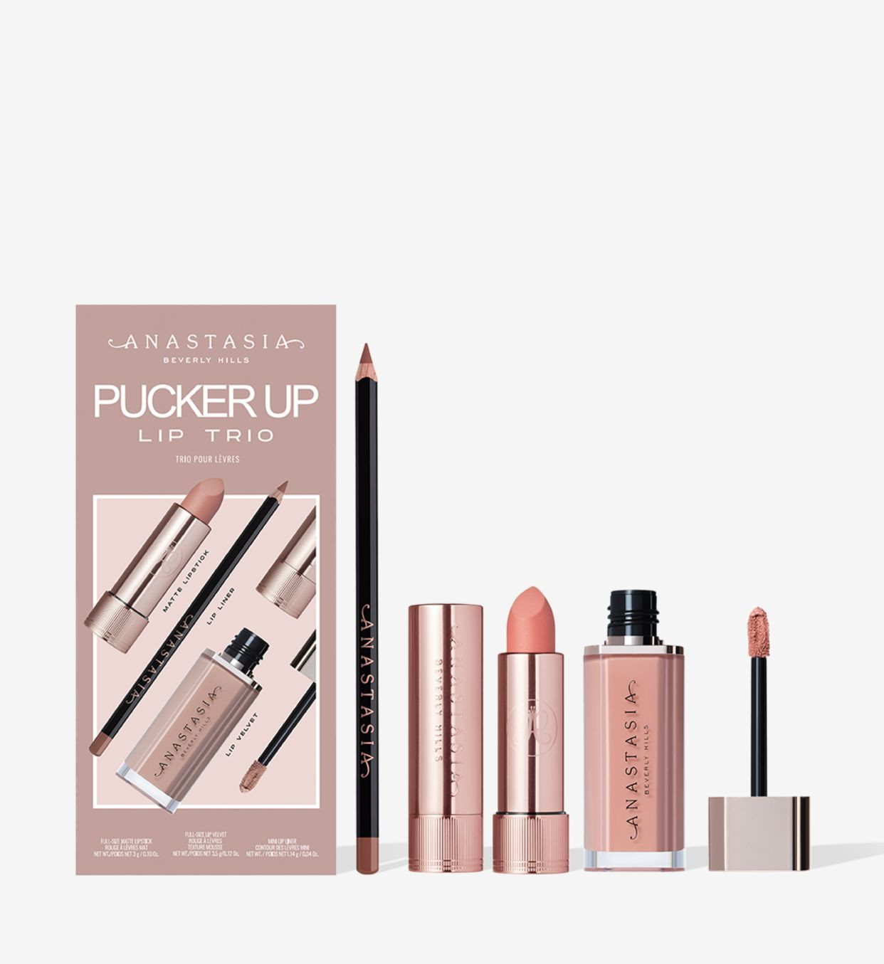 Dekorativ kosmetika dəsti Anastasia Beverly Hills Pucker Up Lip Trio (dodaq qələmi Deep Taupe 1.14 q + dodaq boyası Hush Pink Matte 3 q + maye dodaq boyası Pure Hollywood 3.5 q)