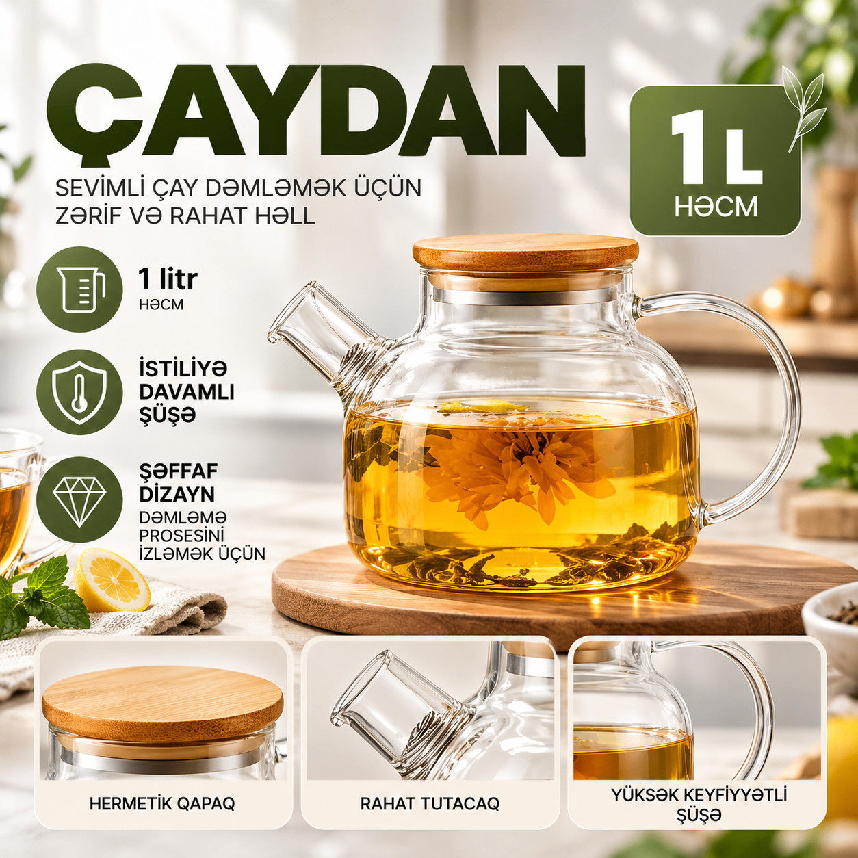 Çaydan, şüşə, 1 l, oda davamlı