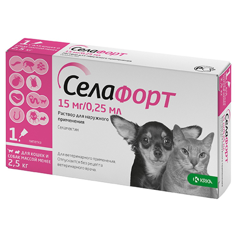 Damcı Селафорт pişiklər və itlər üçün, bit, birə, gənə və helmintlərə qarşı, 15 mq/0.25 ml