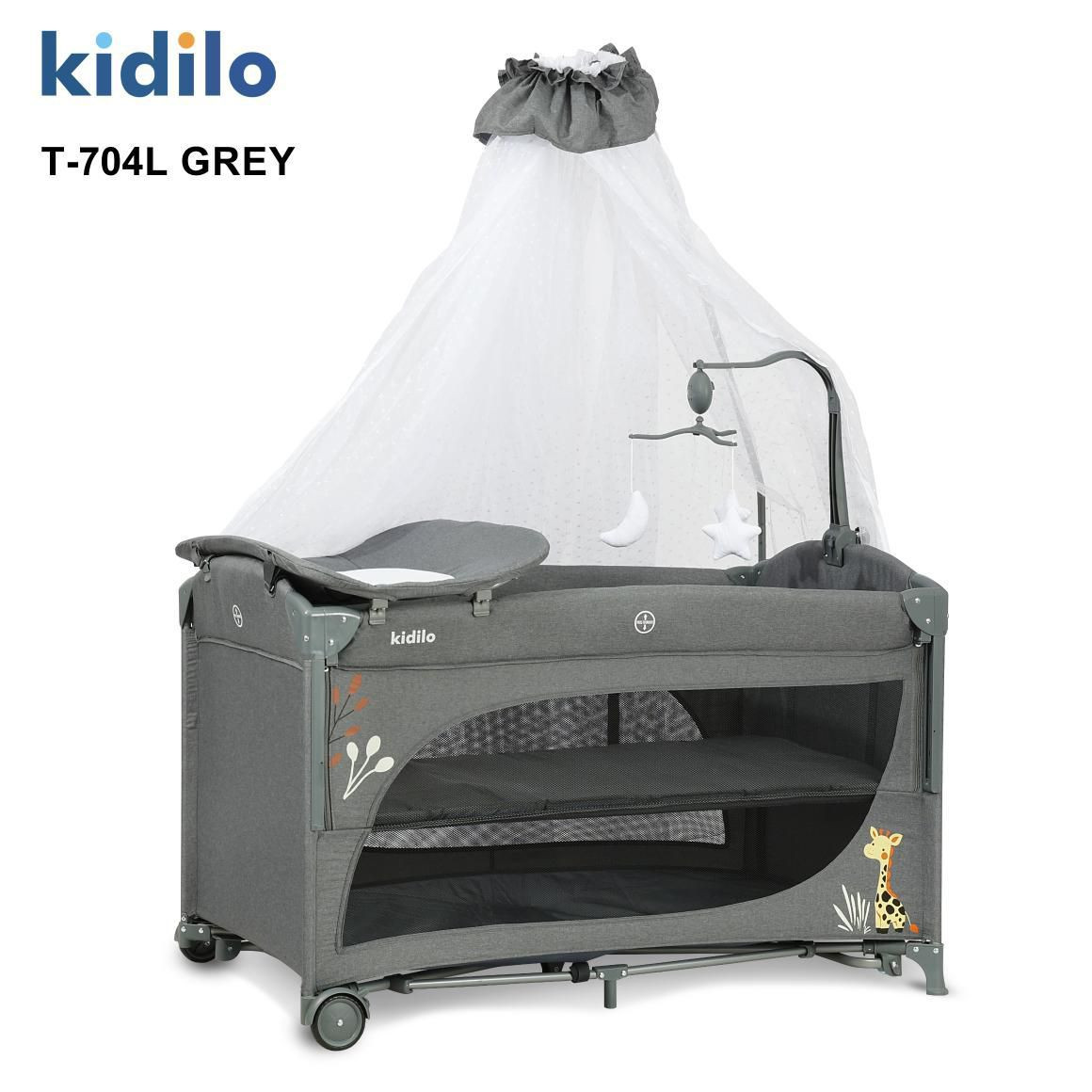 Uşaq üçün manej-çarpayı Kidilo T-704L, 114.3x100x104 sm, boz