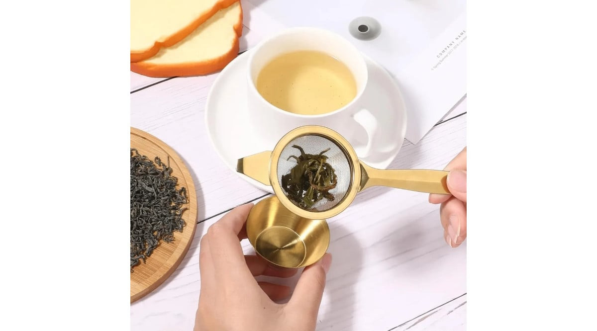 Çay süzgəci dəsti GOLD, paslanmaz metal, süzgəc və altlıq - OHMA2-11