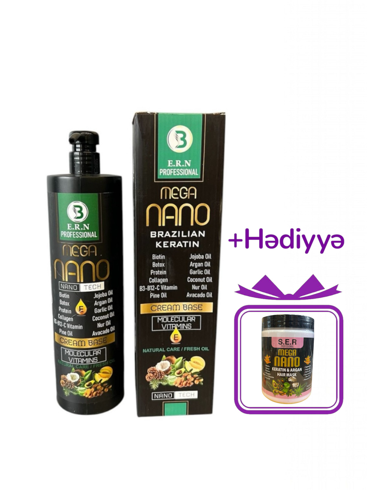 Saç üçün keratin Mega Nano Brazilian Keratin, 1 L + Saç maskası Mega Nano Keratin & Argan, 1 L