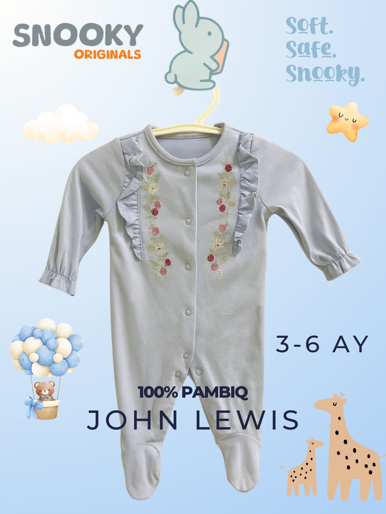 Kombinezon John Lewis Snooky, pambıq, mavi, 3-6 ay