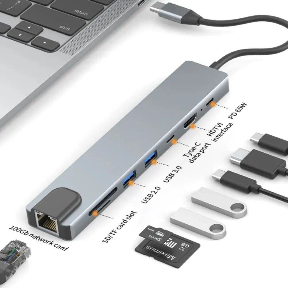 USB HUB HDTV 8in1 Type-C, USB 2.0, USB 3.0, HDMI, LAN, TF/SD kart - Hub 8N1
