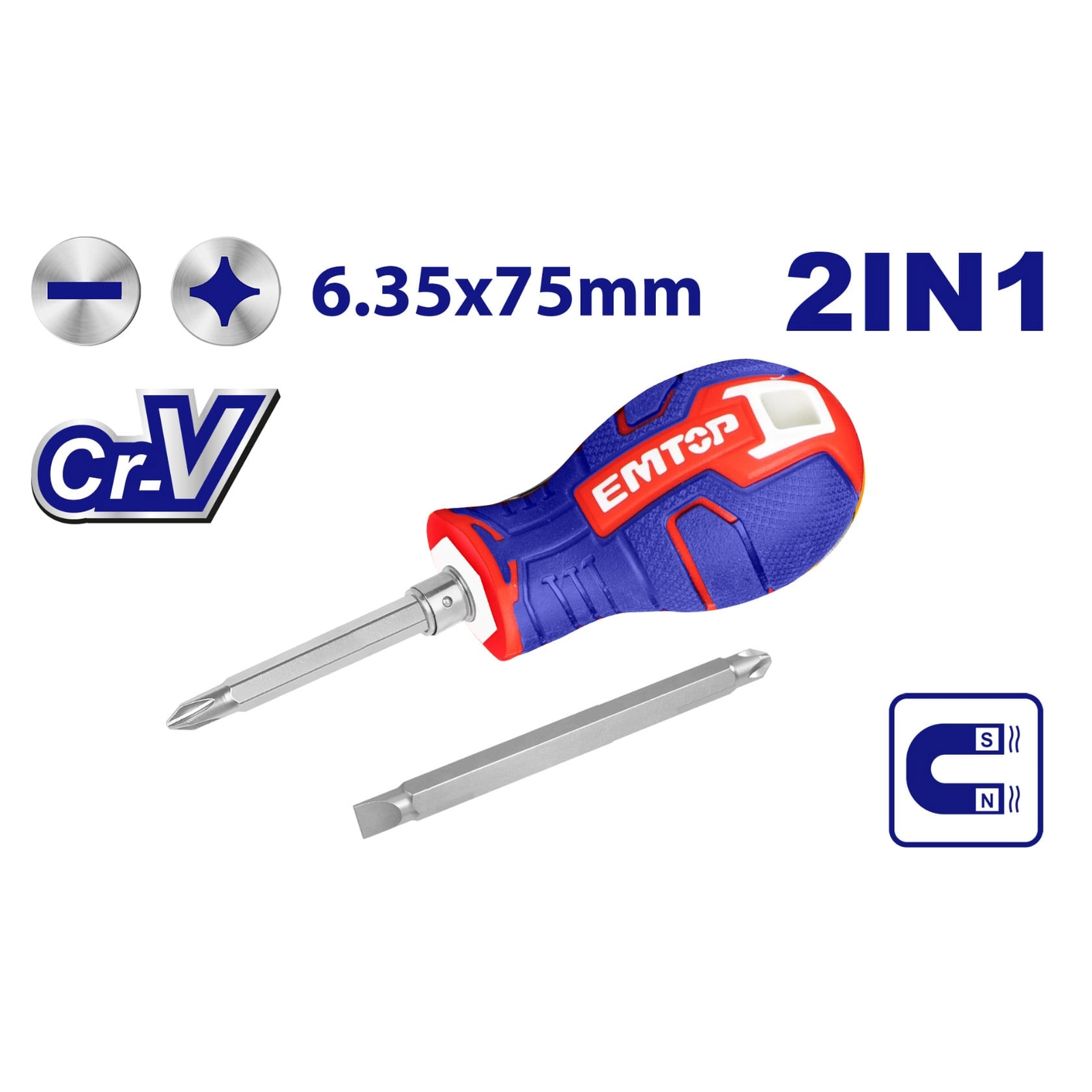 Vintaçan dəsti Emtop Cr-V, 2-si 1-də tornavida, 6.35x75 mm, PH2 + SL6 - ESDRH0201