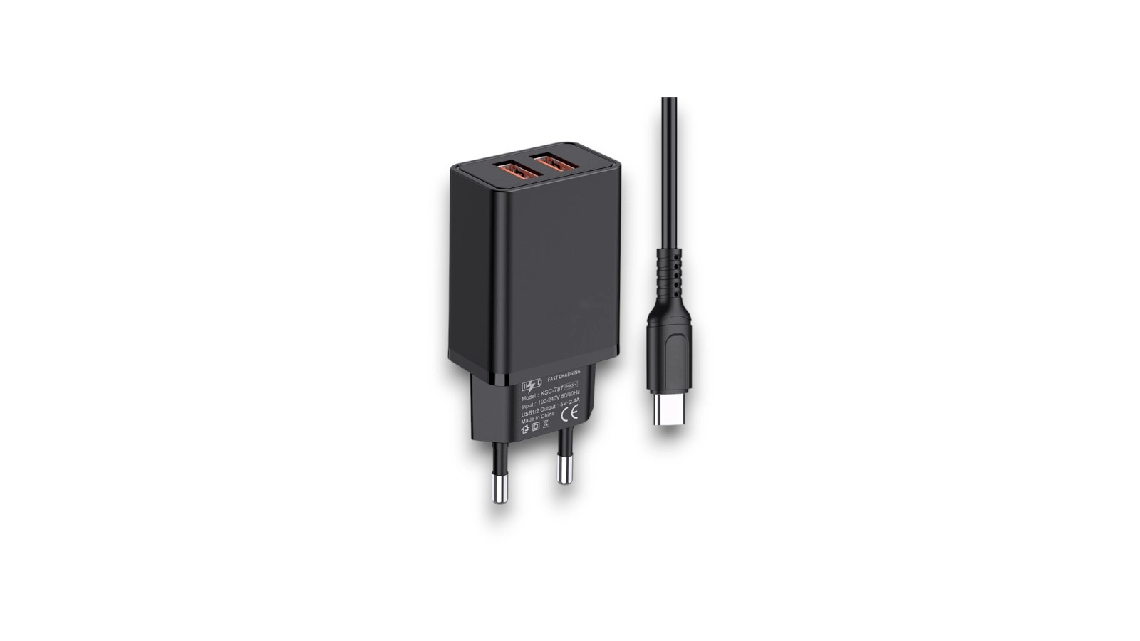 Şəbəkə enerji toplama cihazı Kinqa C78KS-8, 2 USB girişli, Type C kabeli ilə birlikdə, qara
