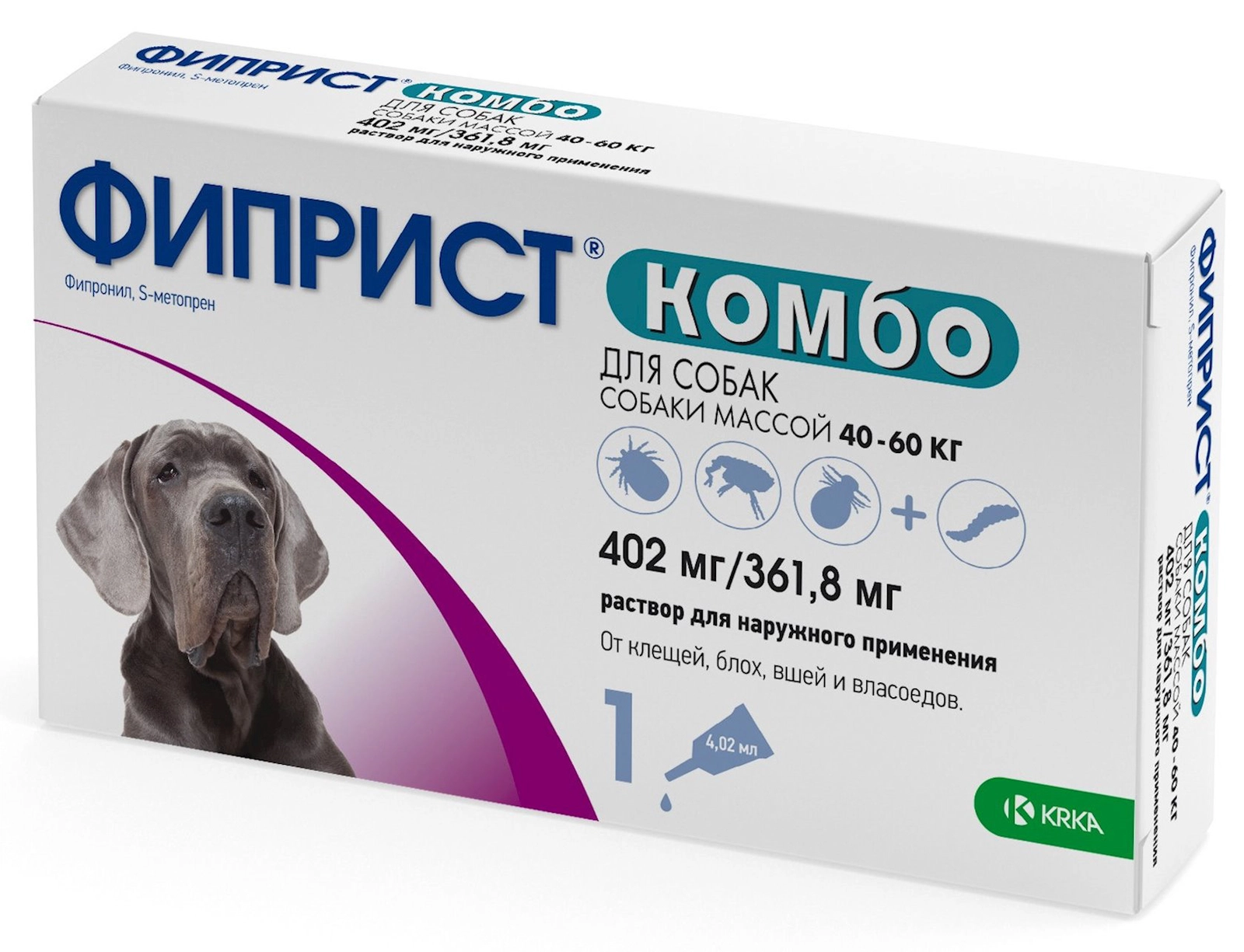 İtlər üçün damcılar Фиприст Комбо çəkisi 40 - 60 kq bire, gənə, bit və tükyeyən əleyhinə 1 pipet